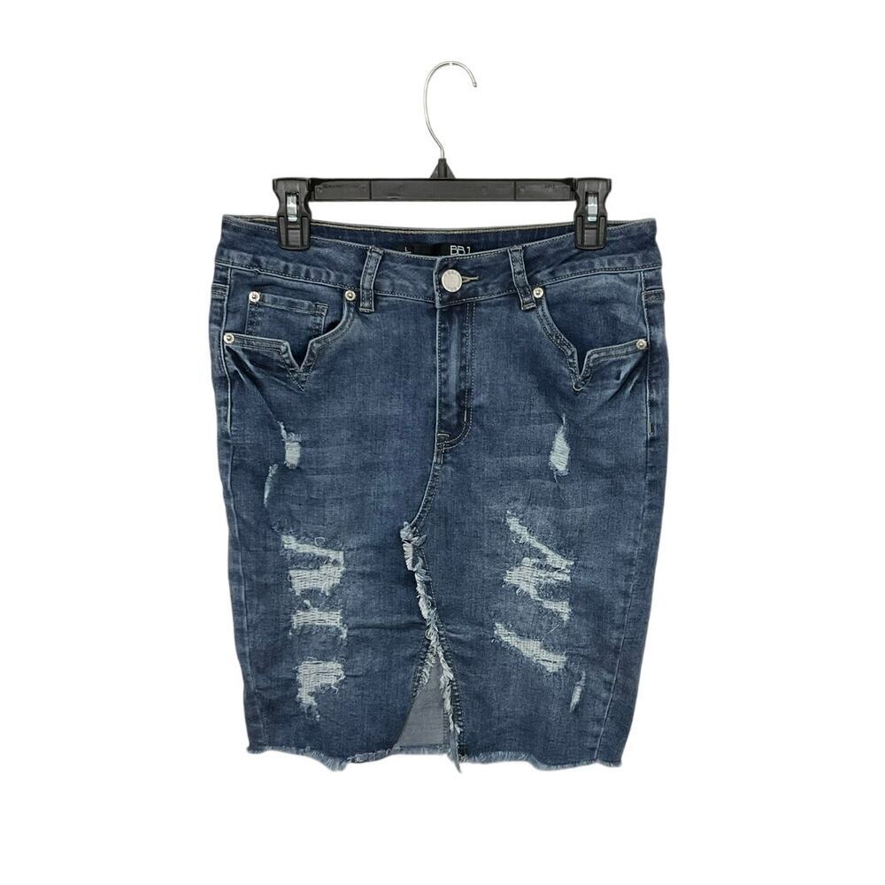 Y2K Style BBJ Los Angeles Distressed Blue Denim Skirt Front Slit Size Large